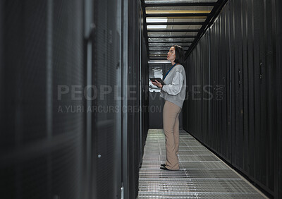 Buy stock photo Tablet, server room and storage with a programmer asian woman at work on a computer mainframe. Software, database and information technology with a female coder working alone on a cyber network