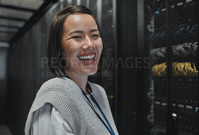 Buy stock photo Woman, portrait and happy in server room with information technology, happy in job and datacenter with engineer. Asian female, funny and face with database, cybersecurity and system software upgrade