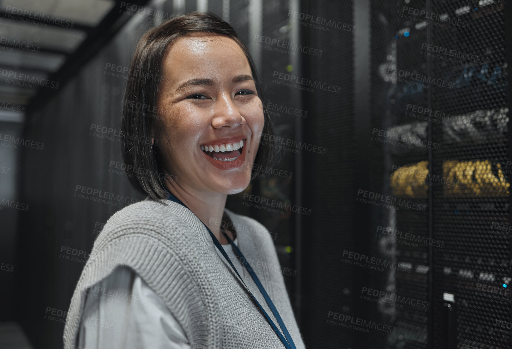 Buy stock photo Woman, portrait and happy in server room with information technology, happy in job and datacenter with engineer. Asian female, funny and face with database, cybersecurity and system software upgrade