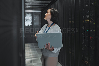 Buy stock photo Woman with laptop, server room and information technology, engineer and datacenter with software update. Tech industry, cybersecurity and network with Asian female setting up firewall and database