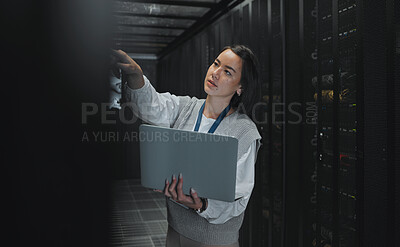 Buy stock photo Laptop, maintenance or IT woman in server room for research, engineer working in data center. Computer, cybersecurity and girl programmer with tech for problem solving, diagnose or troubleshooting