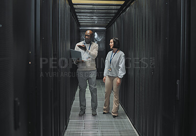 Buy stock photo Server room, teamwork or people on laptop for software management, system upgrade or cyber security. Network technician, engineer or programmer staff on tech for information technology or programming