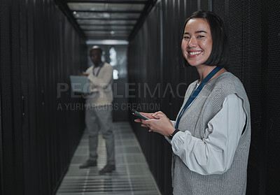 Buy stock photo Technician, woman and portrait with phone in server room for digital management, coding and tech. Female engineering, mobile technology and data center for programming, cyber administration and smile