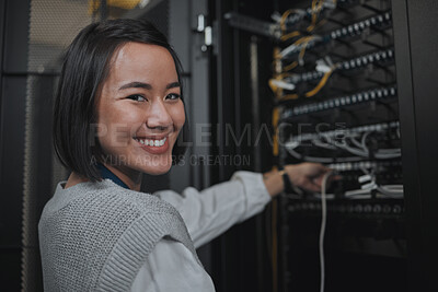 Buy stock photo Asian woman, portrait smile and technician by server for networking, maintenance or systems at office. Happy female engineer smiling for cable service, power or administration in data center room