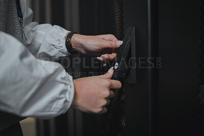Buy stock photo Entrance, hands and worker opening a server room for cyber security, programming and coding. Programmer, business and technician entering an office for hardware, database and cloud computing