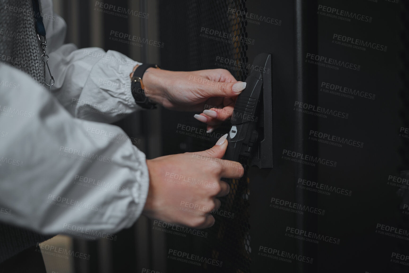 Buy stock photo Entrance, hands and worker opening a server room for cyber security, programming and coding. Programmer, business and technician entering an office for hardware, database and cloud computing
