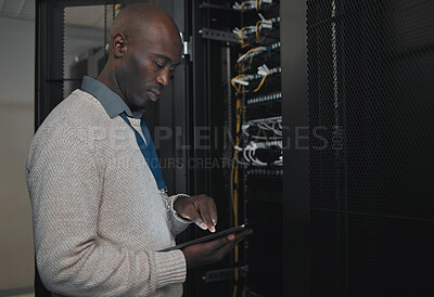 Buy stock photo Engineer, server room or black man with tablet for database connection cable, maintenance or software update at night. Cybersecurity, IT and male coder with technology for networking in data center. 