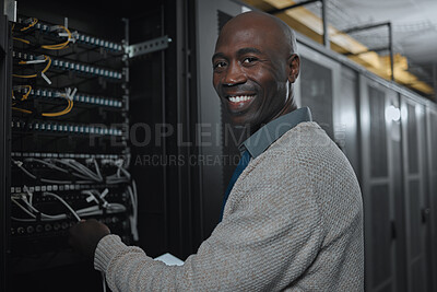 Buy stock photo Portrait, server room and black man on tablet for database maintenance or software update at night. Cybersecurity, face or it male engineer coder on tech for programming or networking in data center