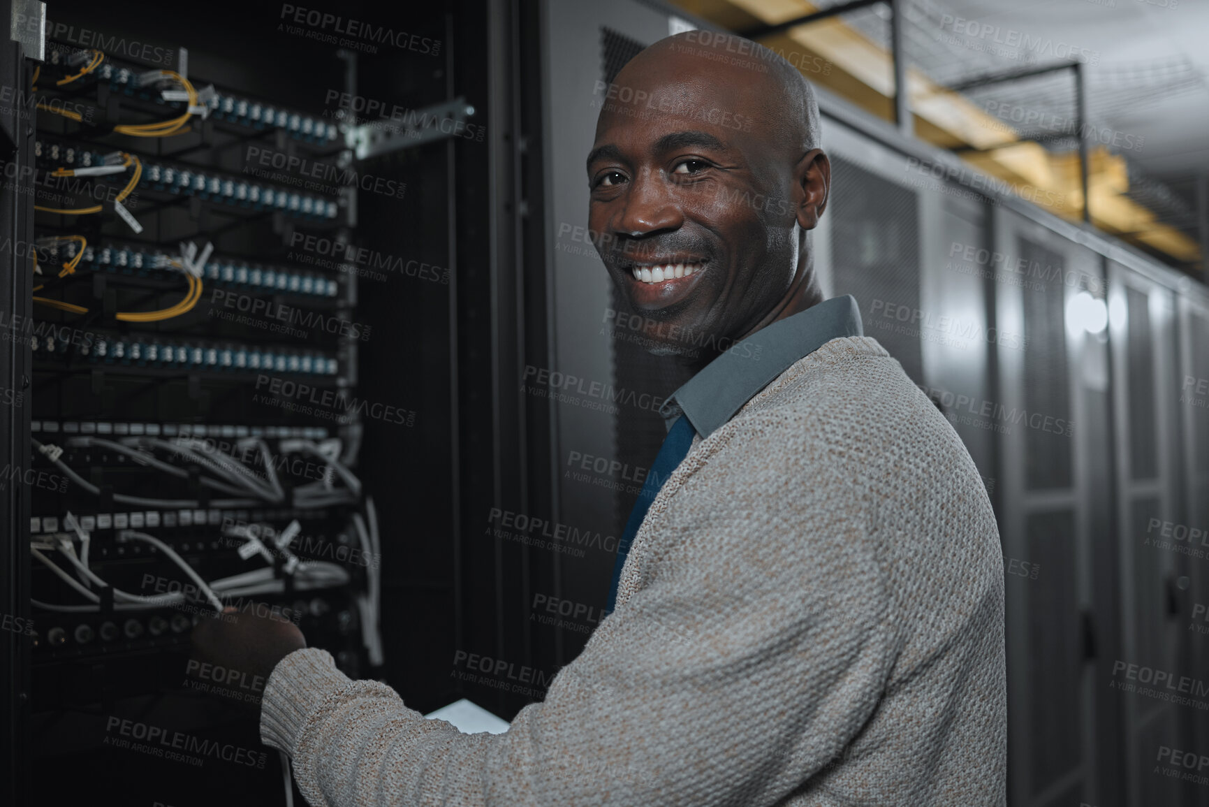 Buy stock photo Portrait, server room and black man on tablet for database maintenance or software update at night. Cybersecurity, face or it male engineer coder on tech for programming or networking in data center