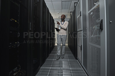 Buy stock photo Technician, cybersecurity and man in the server room for data maintenance, it or analysis. System, engineer and African male coder or programmer doing inspection on information technology in office.