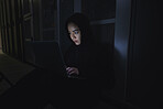 Night, hacker and programming with woman and laptop for coding, software and cyber security. Ransomware, phishing and developer with girl programmer in server for database, network and digital crimes