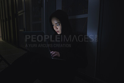 Buy stock photo Night, hacker and programming with woman and laptop for coding, software and cyber security. Ransomware, phishing and developer with girl programmer in server for database, network and digital crimes