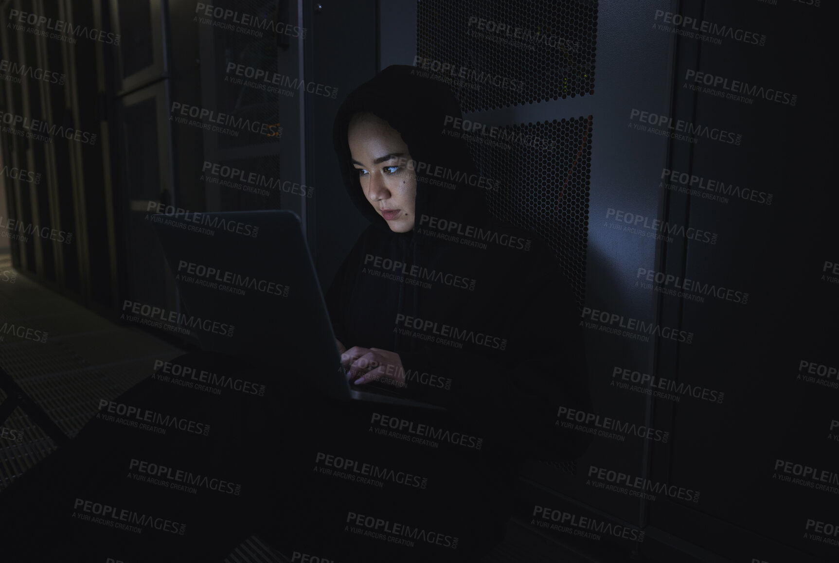 Buy stock photo Night, hacker and programming with woman and laptop for coding, software and cyber security. Ransomware, phishing and developer with girl programmer in server for database, network and digital crimes