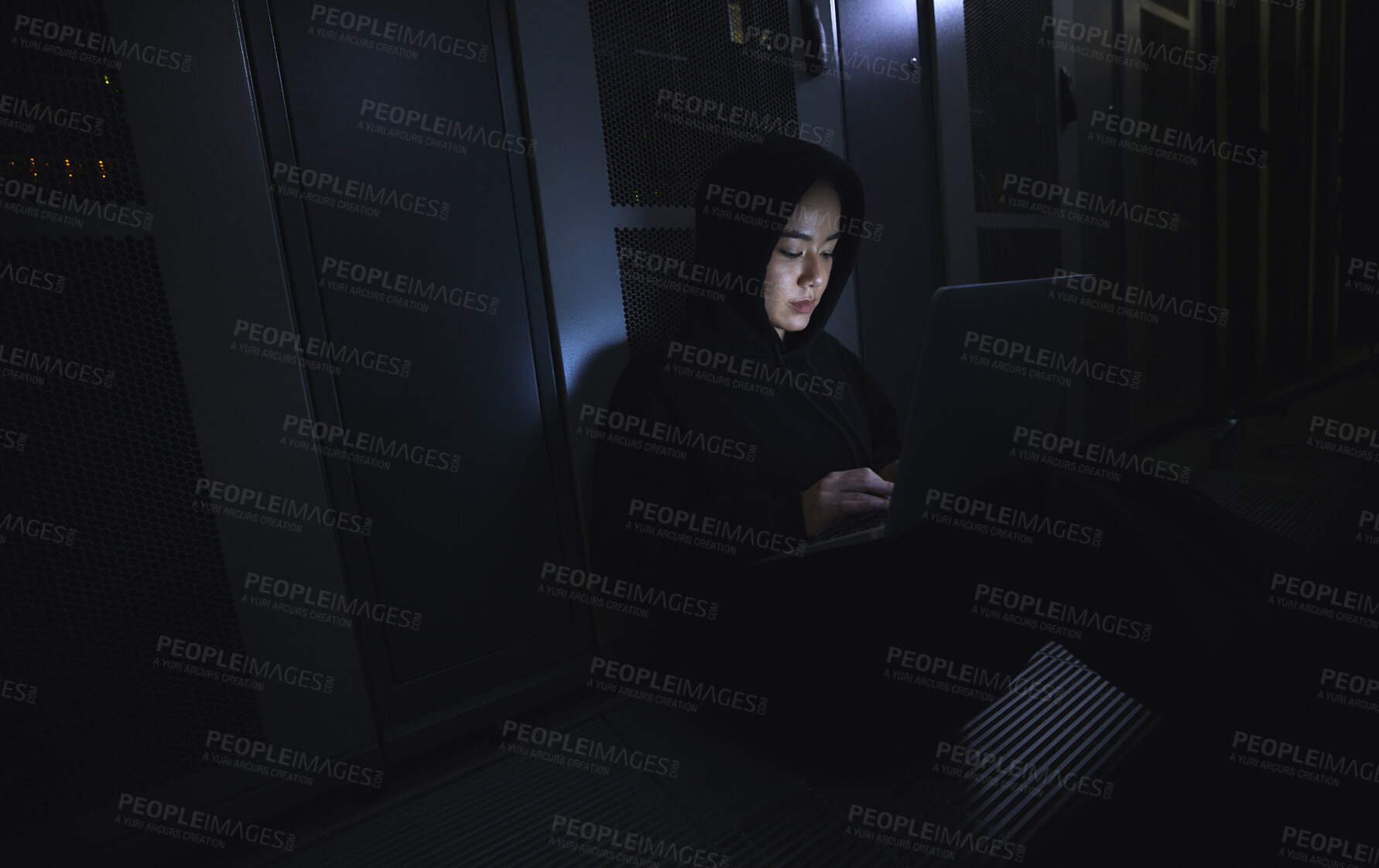 Buy stock photo Hacking, laptop and hacker woman in dark server room for coding software, data center crime or cyberpunk intel. Network criminal, person or user in cybersecurity, information technology or ransomware