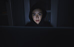 Night, hacker and cyber security with woman and laptop for coding, software and programming. Ransomware, phishing and developer with girl programmer in server for database, network and digital crimes