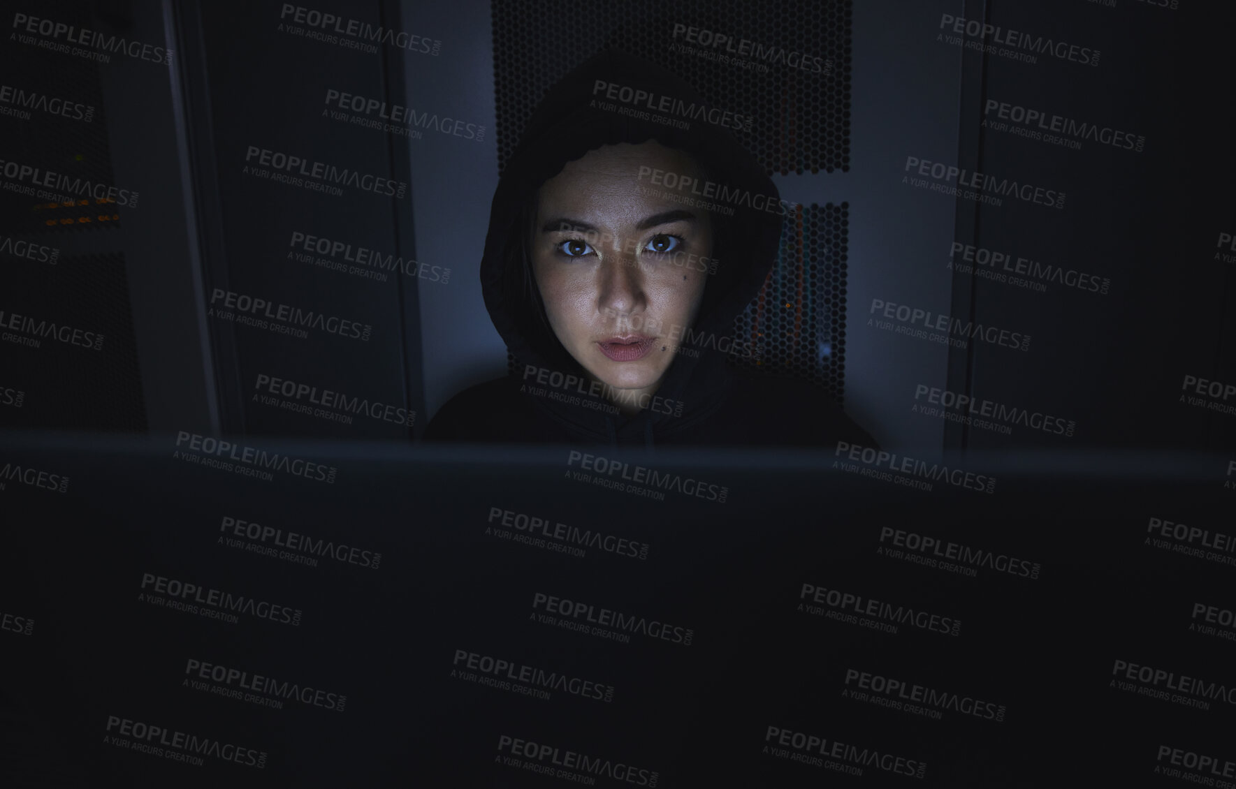 Buy stock photo Night, hacker and cyber security with woman and laptop for coding, software and programming. Ransomware, phishing and developer with girl programmer in server for database, network and digital crimes