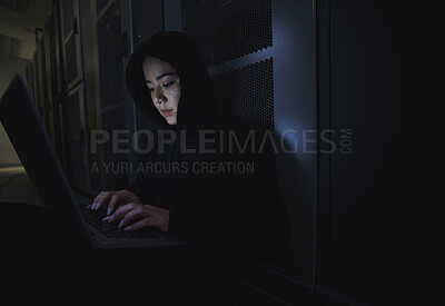 Buy stock photo Hacking, server room and woman computer coding, data center crime and ransomware of cyberpunk in dark. Laptop hacker, person or thief in cybersecurity, information technology and criminal programmer