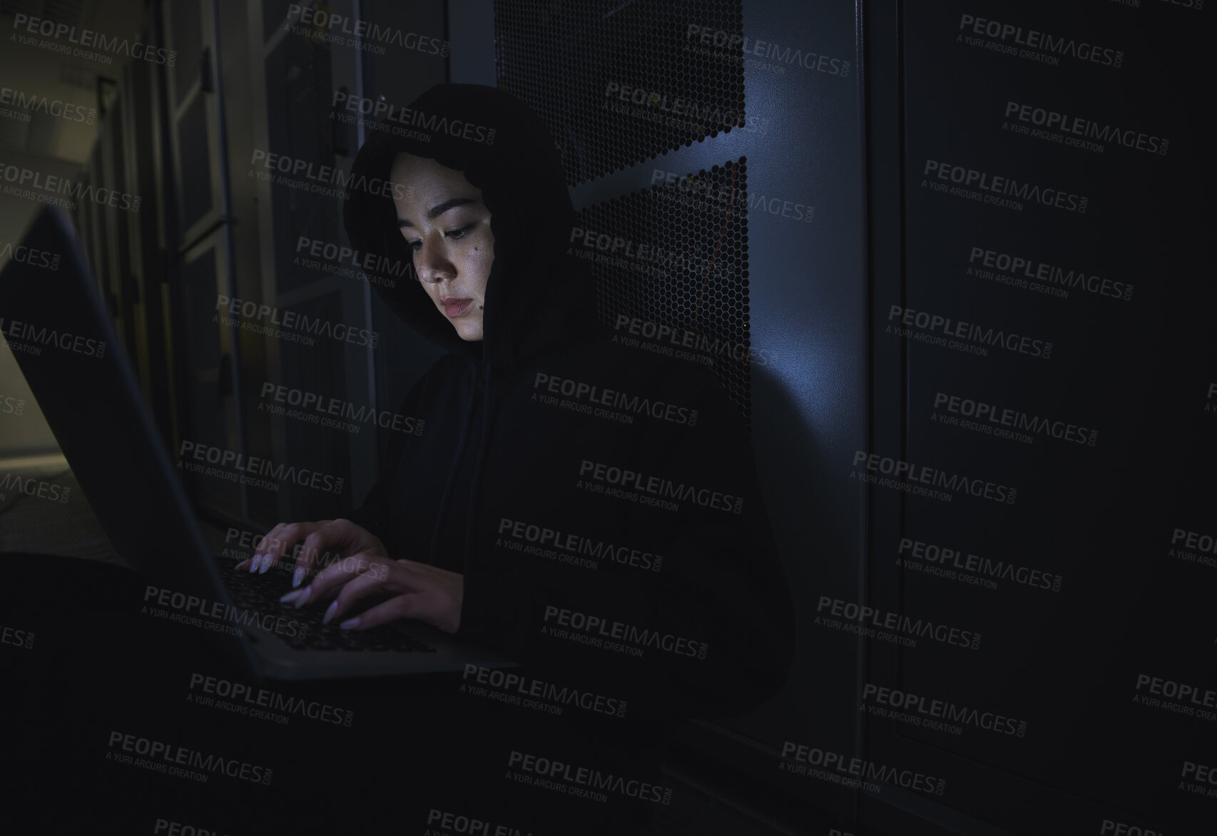 Buy stock photo Hacking, server room and woman computer coding, data center crime and ransomware of cyberpunk in dark. Laptop hacker, person or thief in cybersecurity, information technology and criminal programmer