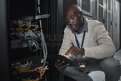 Buy stock photo Data center or black man on tablet in server room on database maintenance or software update. Cybersecurity, it or startup male coder on technology for cloud computing, programming or web networking