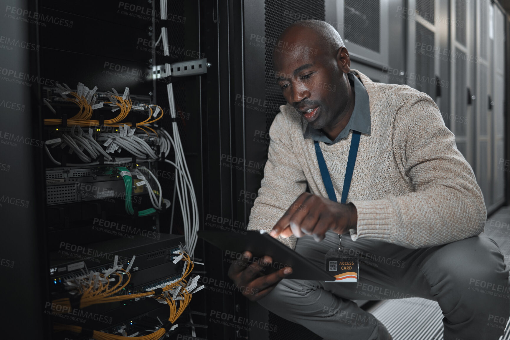 Buy stock photo Data center or black man on tablet in server room on database maintenance or software update. Cybersecurity, it or startup male coder on technology for cloud computing, programming or web networking