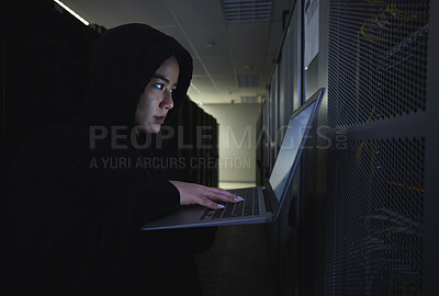 Buy stock photo Hacker, server room and woman computer coding, data center crime and ransomware of cyberpunk in dark. Laptop hacking, person or thief in cybersecurity, information technology and criminal programmer
