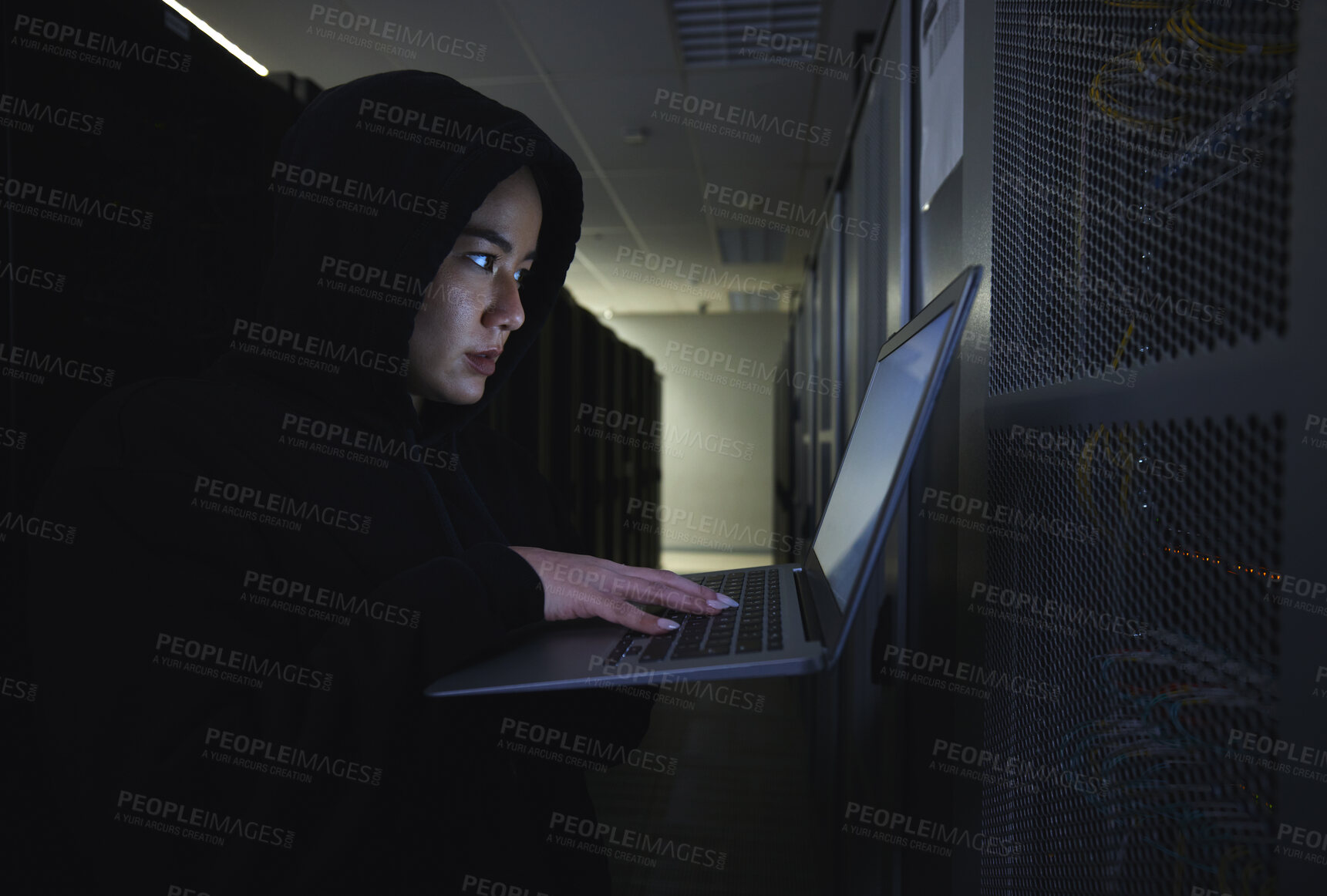 Buy stock photo Hacker, server room and woman computer coding, data center crime and ransomware of cyberpunk in dark. Laptop hacking, person or thief in cybersecurity, information technology and criminal programmer