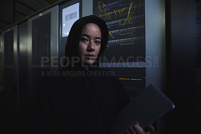Buy stock photo Server, hacker and database with portrait of woman for coding, software and cyber security. Ransomware, phishing and developer with girl programmer at night for programming, network and digital crime