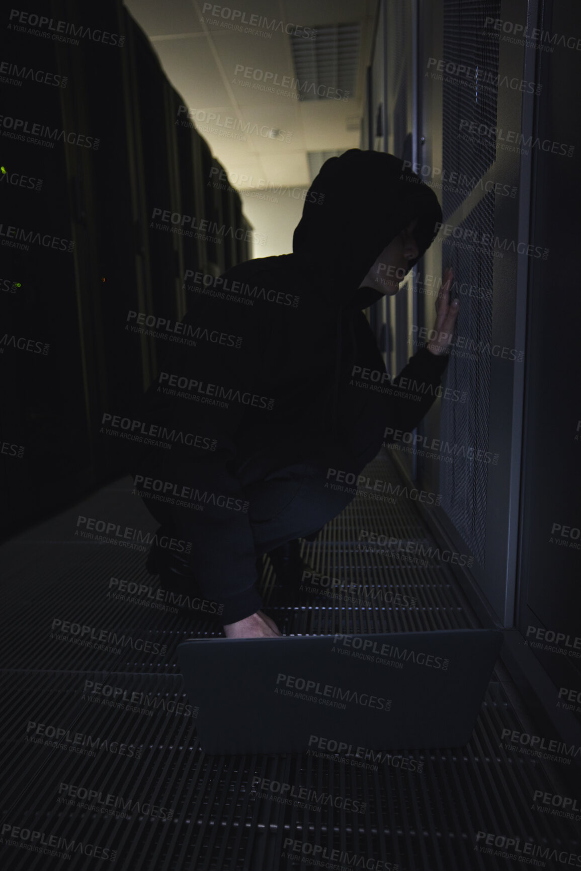 Buy stock photo Hacking, server room and person on laptop for coding software, data center crime and cyberpunk in dark. Network hacker, woman or user in cybersecurity, information technology or programmer ransomware