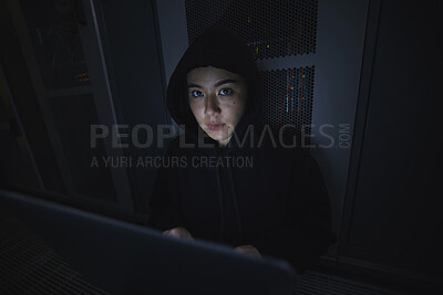 Buy stock photo Laptop, hacker and server with portrait of woman for coding, software and cyber security. Ransomware, phishing and developer with girl programmer hacking for database, network and digital crimes