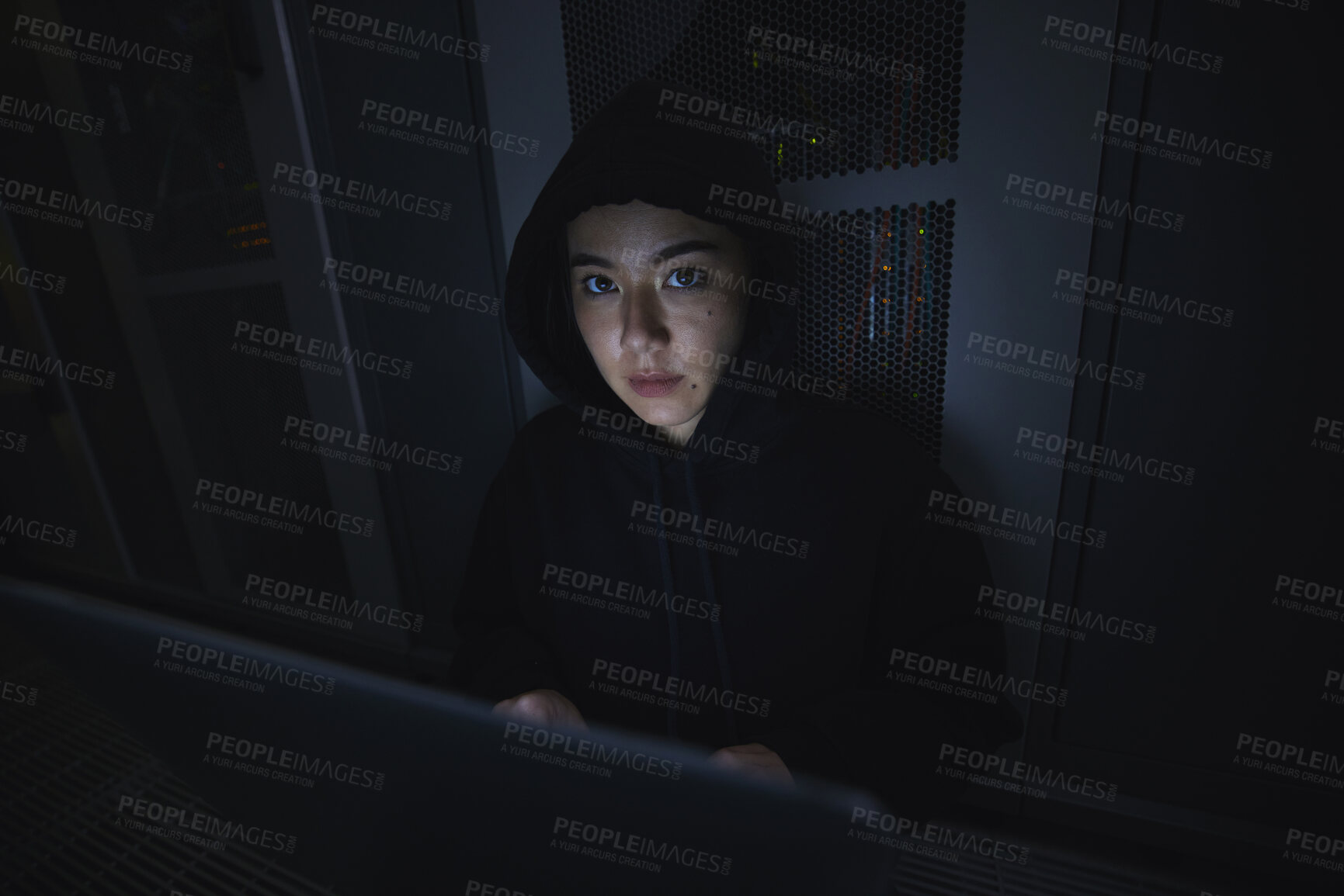 Buy stock photo Laptop, hacker and server with portrait of woman for coding, software and cyber security. Ransomware, phishing and developer with girl programmer hacking for database, network and digital crimes