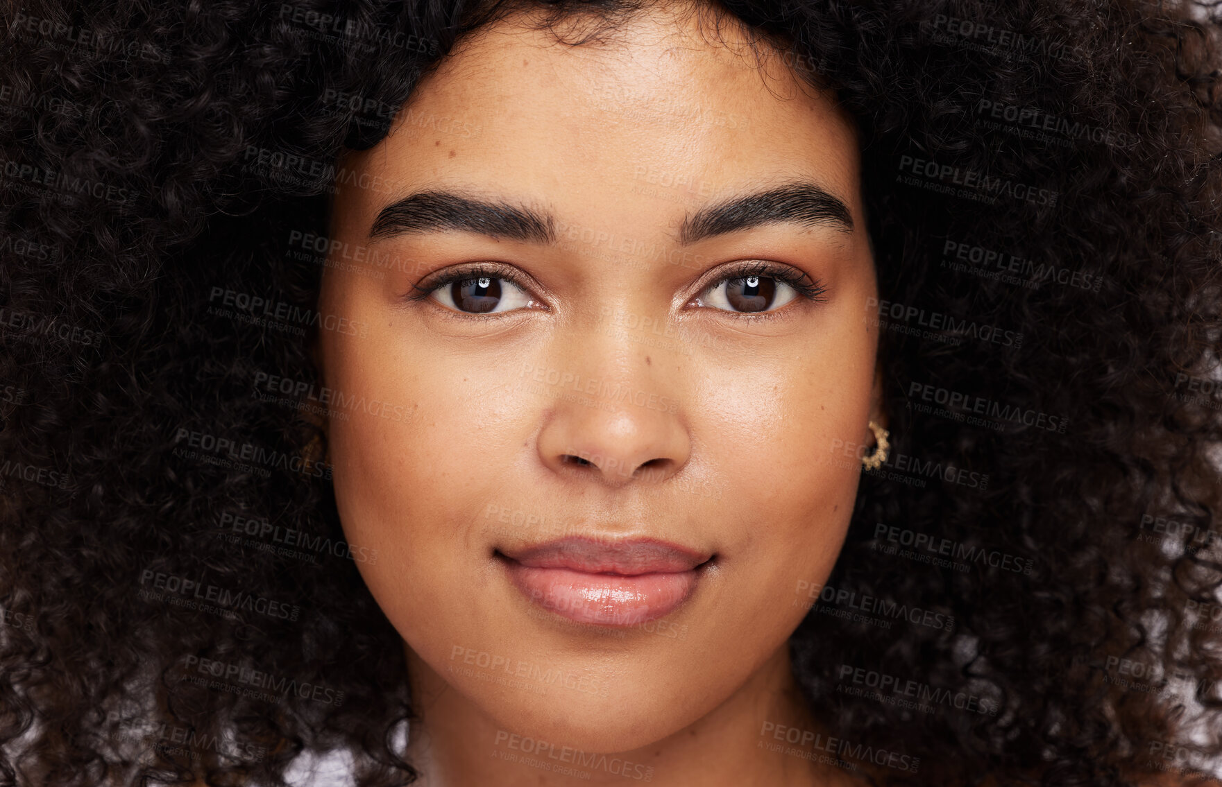 Buy stock photo Portrait, beauty and afro with a model black woman in studio for skincare, haircare or cosmetics. Face, hair and natural with an attractive young female posing for skin treatment or antiaging care