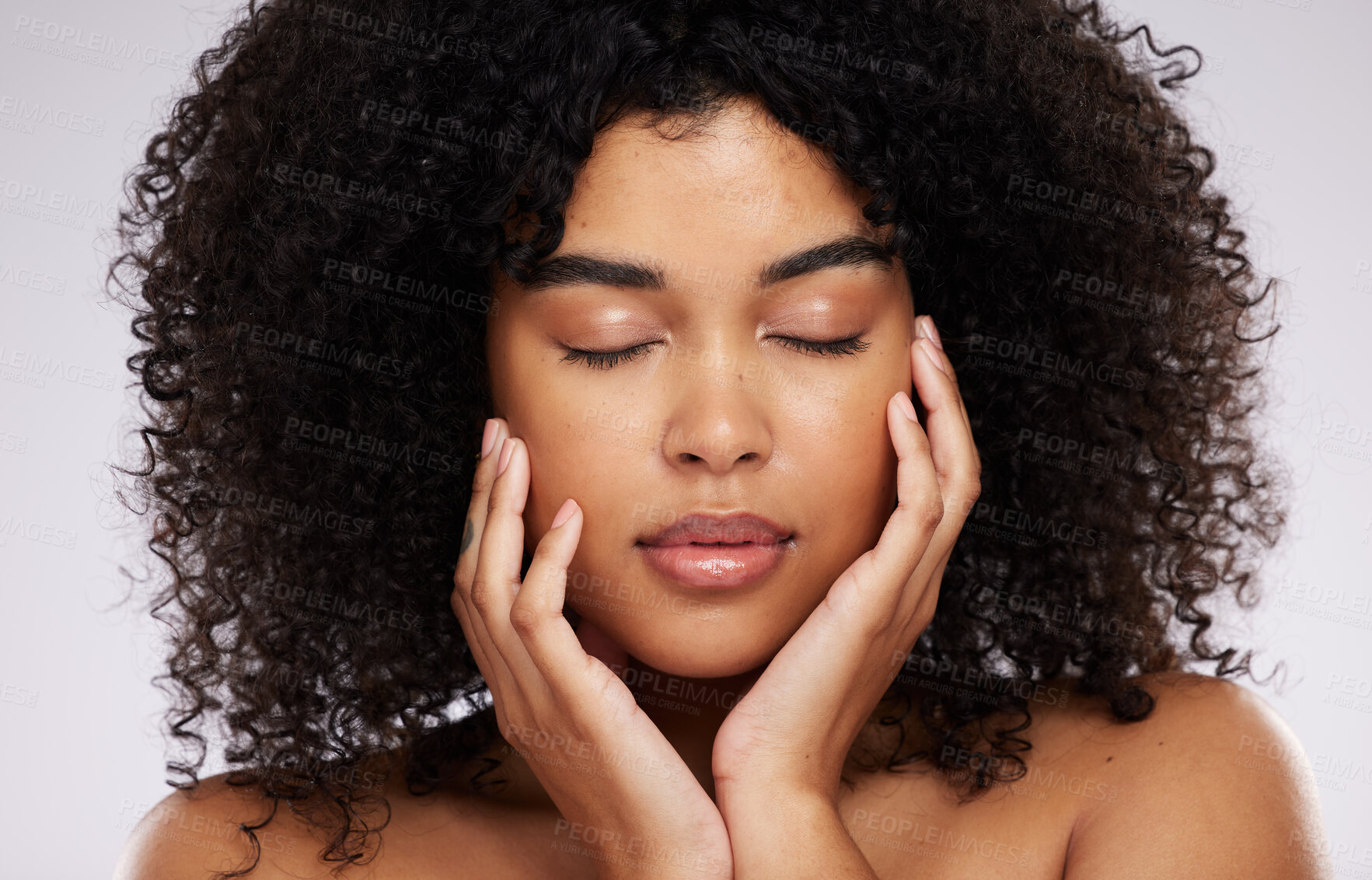 Buy stock photo Skincare, beauty and black woman with eyes closed and hand on face, afro and advertising luxury makeup product. Dermatology, cosmetics and facial promo, skin care model isolated on studio background.