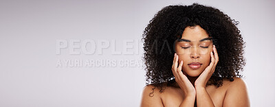 Buy stock photo Beauty, makeup and mockup with face of black woman and touch for skincare, glow or cosmetics. Self care, facial and wellness with girl model for foundation, dermatology or health in studio background