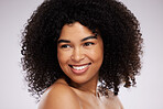 Beauty, skincare and happy black woman isolated on studio background for cosmetics, foundation and natural hair. Young model face or afro person from USA with dermatology facial results or makeup