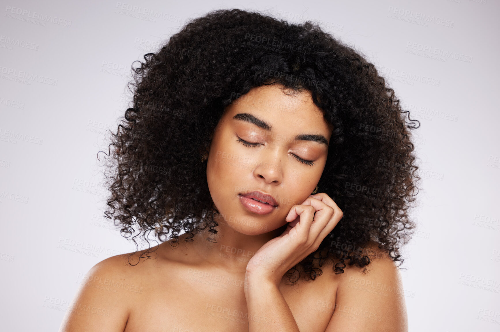 Buy stock photo Skincare, cosmetics and black woman with eyes closed and hand on face, afro and advertising luxury makeup product promo. Dermatology, beauty and facial care on model isolated on studio background.