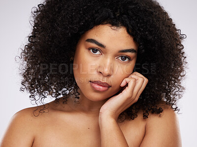 Buy stock photo Skincare, beauty and portrait of black woman with hand on face, afro and advertising luxury makeup product promo. Dermatology, cosmetics and facial skin care on model isolated on studio background.