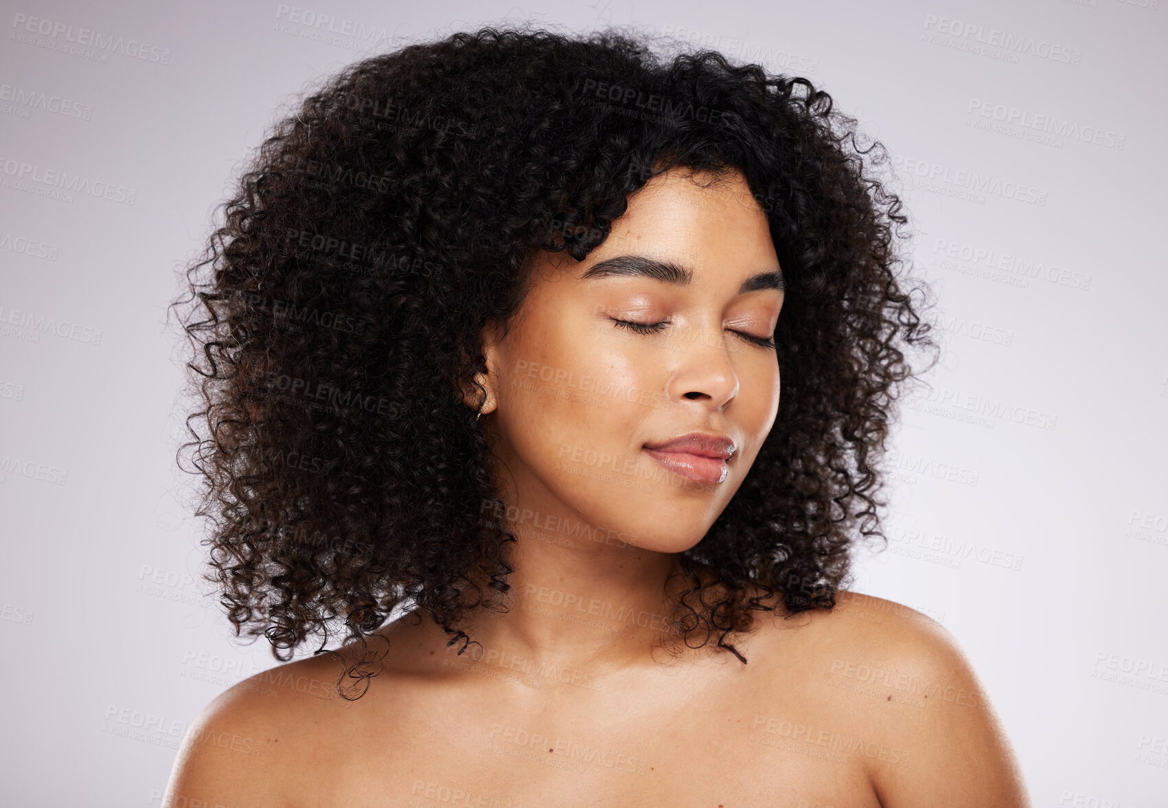 Buy stock photo Beauty, black woman and skincare with cosmetics, dermatology and foundation against grey studio background. African American female, lady and makeup with healthy, smooth and clear skin with grooming