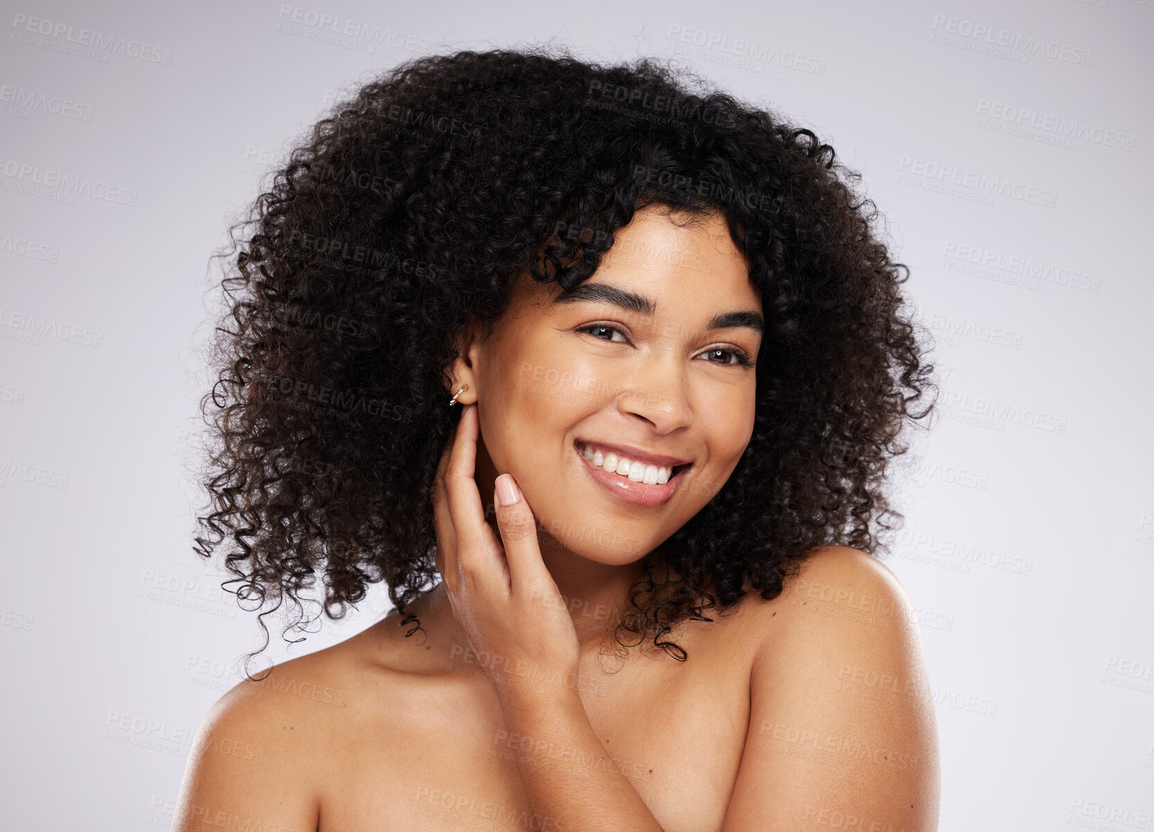 Buy stock photo Mockup, skincare and black woman with smile, beauty and dermatology against grey studio background. African American female, lady or cosmetics for morning routine, grooming or treatment for soft skin