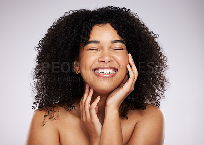 Buy stock photo Beauty, skincare and black woman isolated on studio background for cosmetics, foundation and natural self love. Happy, young and model face or afro person from USA with dermatology results or makeup