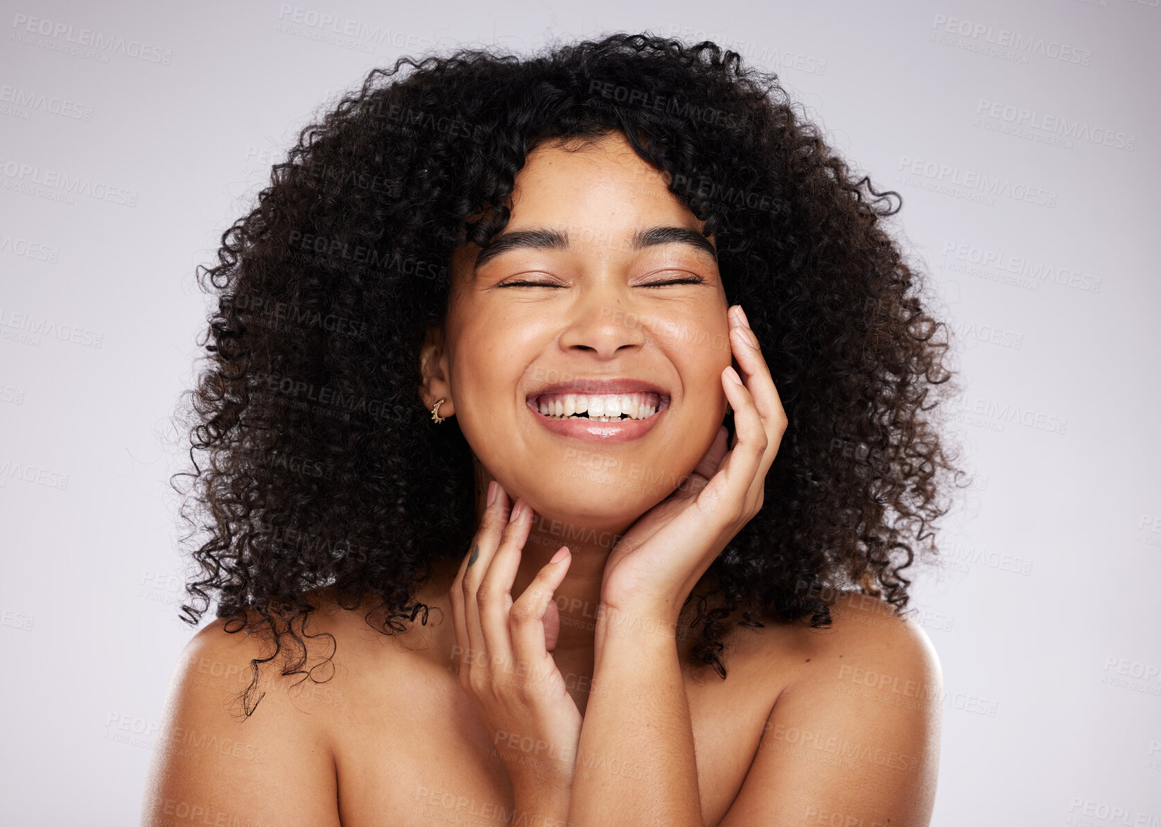 Buy stock photo Beauty, skincare and black woman isolated on studio background for cosmetics, foundation and natural self love. Happy, young and model face or afro person from USA with dermatology results or makeup