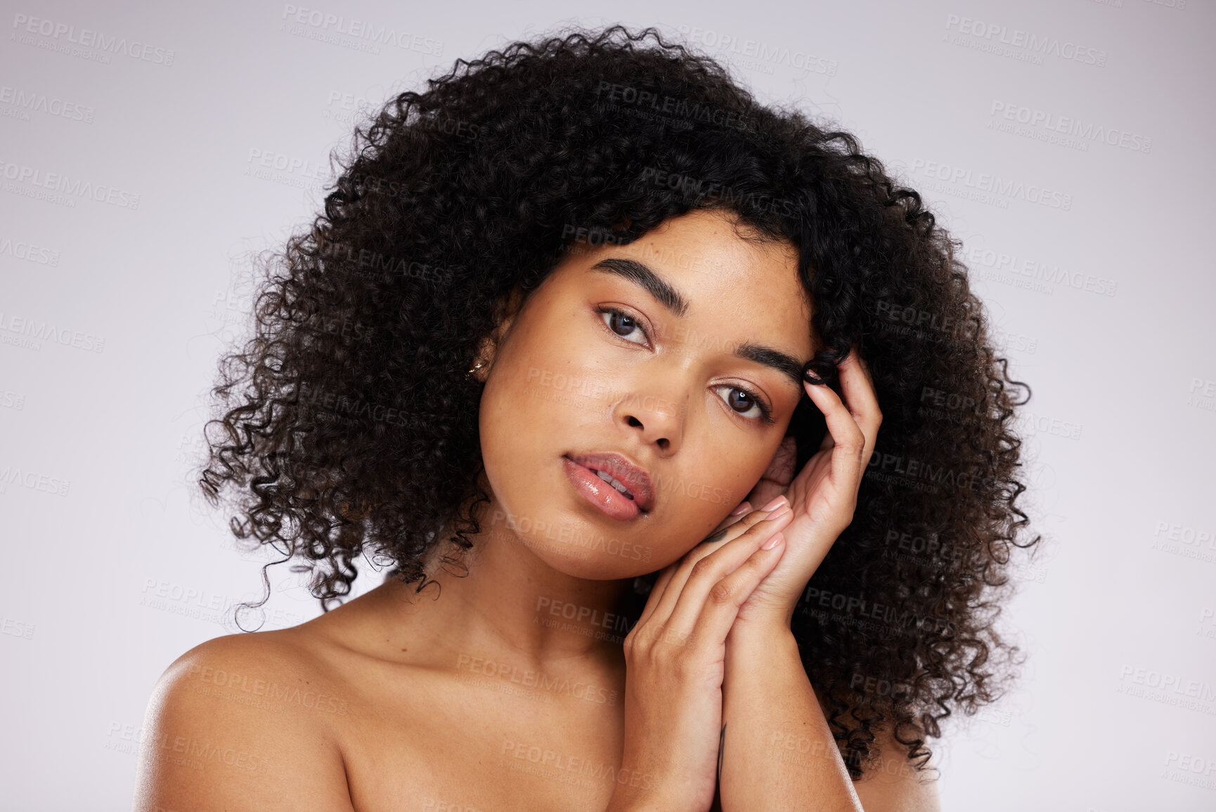 Buy stock photo Beauty, cosmetics and portrait of black woman with hand on face, afro and advertising luxury makeup product promo. Dermatology, skincare and spa facial care on model isolated on studio background.