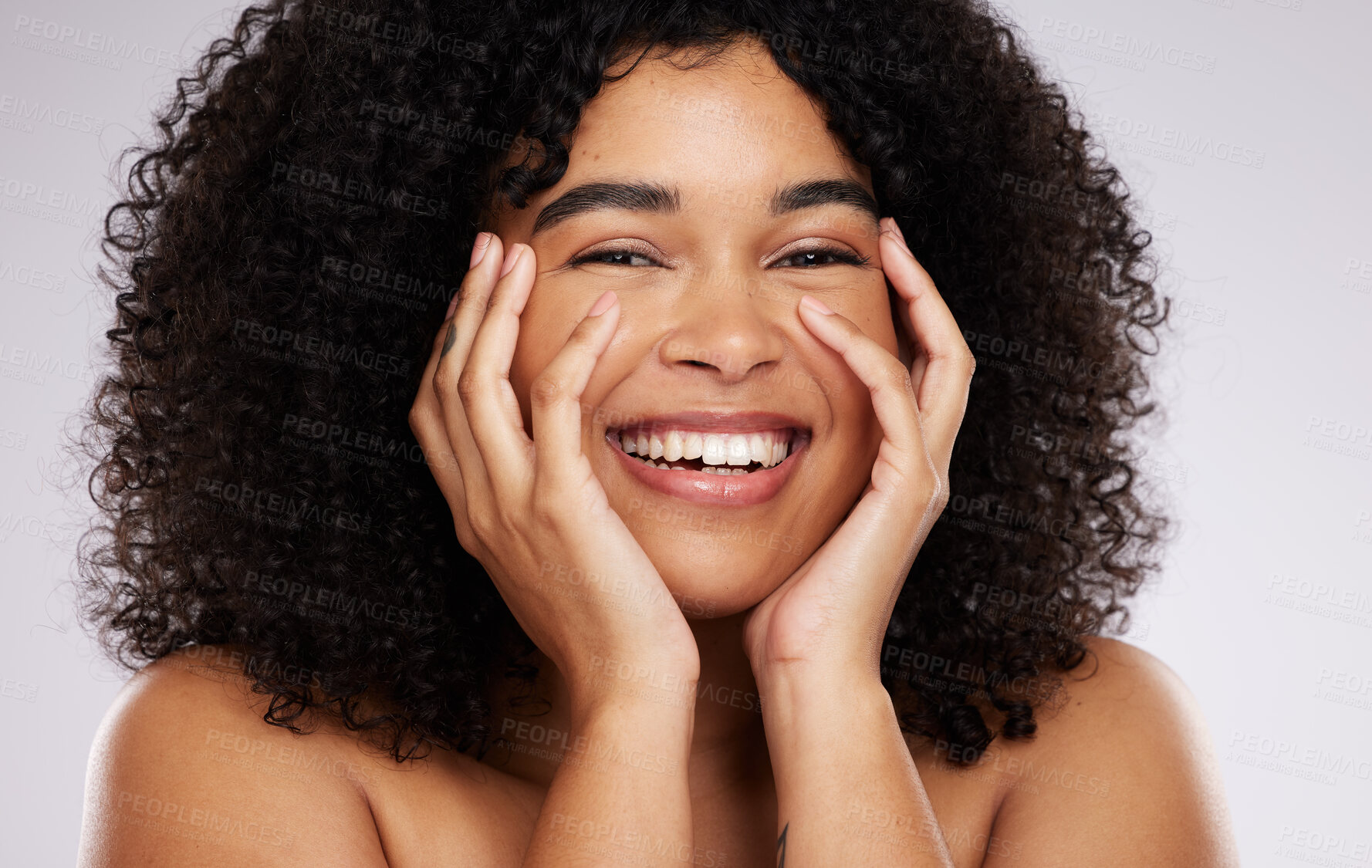 Buy stock photo Portrait, skincare and afro with a black woman in studio on a gray background for natural hair treatment. Face, beauty and haircare with an attractive young female model posing to promote cosmetics