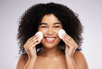 Beauty, cotton pad and portrait of black woman with smile for wellness, skincare and healthy glow. Dermatology, self care and happy face of girl with swab for makeup, cosmetics and facial cleaning