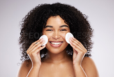 Buy stock photo Beauty, cotton pad and portrait of black woman with smile for wellness, skincare and healthy glow. Dermatology, self care and happy face of girl with swab for makeup, cosmetics and facial cleaning