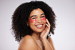 Eye mask, beauty and portrait with a model black woman in studio on a gray background for skincare or cosmetics. Spa, relax and facial with an attractive young female posing to promote wellness