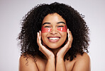 Eye mask, skincare and product with a model black woman in studio on a gray background for beauty or cosmetics. Spa, relax and facial with an attractive young female posing to promote afro treatment