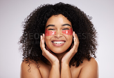 Buy stock photo Eye mask, skincare and product with a model black woman in studio on a gray background for beauty or cosmetics. Spa, relax and facial with an attractive young female posing to promote afro treatment