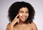 Skincare, cream and portrait of black woman for beauty, wellness and skin health in studio. Dermatology, luxury spa and happy girl with face moisturizer for anti aging, cosmetics and facial treatment