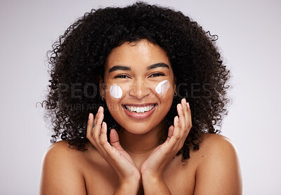 Buy stock photo Beauty, cream and portrait of happy black woman for skincare, wellness and healthy skin in studio. Dermatology, luxury spa and girl with face moisturizer for makeup, cosmetics and facial treatment