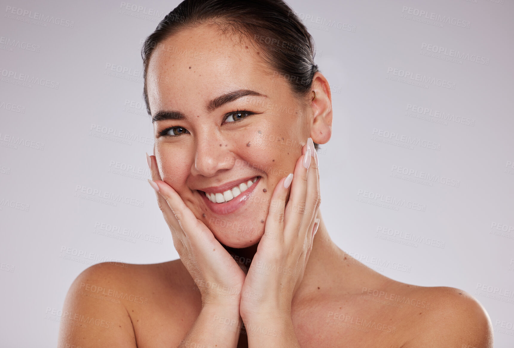 Buy stock photo Woman, hand on face and skincare portrait in studio for beauty, dermatology and cosmetics glow. Aesthetic asian model person smile for makeup, skin and luxury facial self care for health and wellness